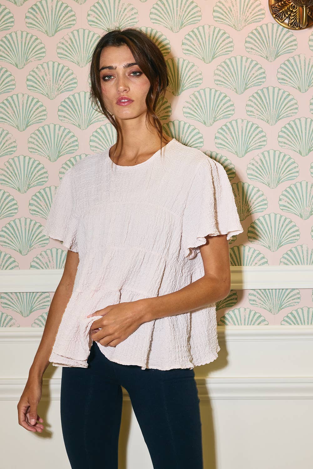 Ruffle Tiered Babydoll Textured Top: CREAM