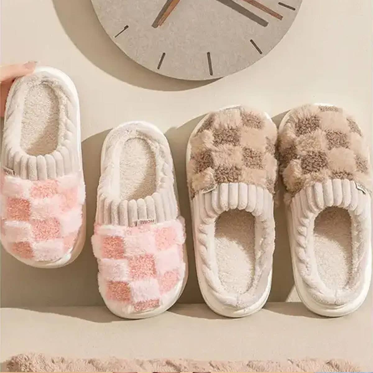 Checkered Fuzzy Warmies Slippers: COFFEE