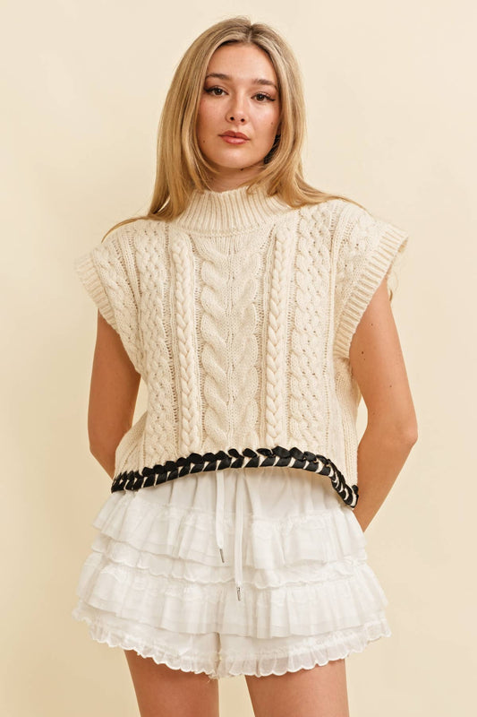 CABLE KNIT DROP SHOULDER CONTRAST STITCH SWEATER: Cream
