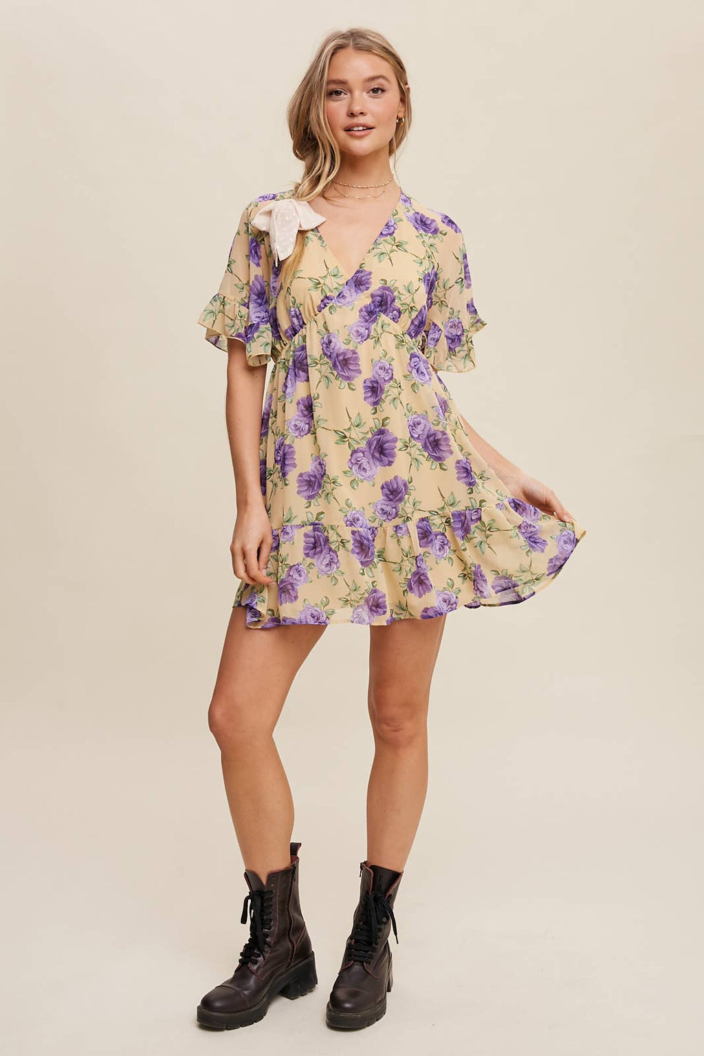 Floral Ruffle Sleeve Mini Dress: Cream